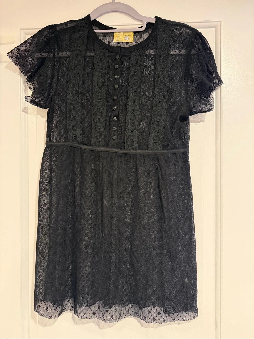 Free People Black Lace Sheer Short Sleeve Top Size M Boho Flutter Sleeve Y2K